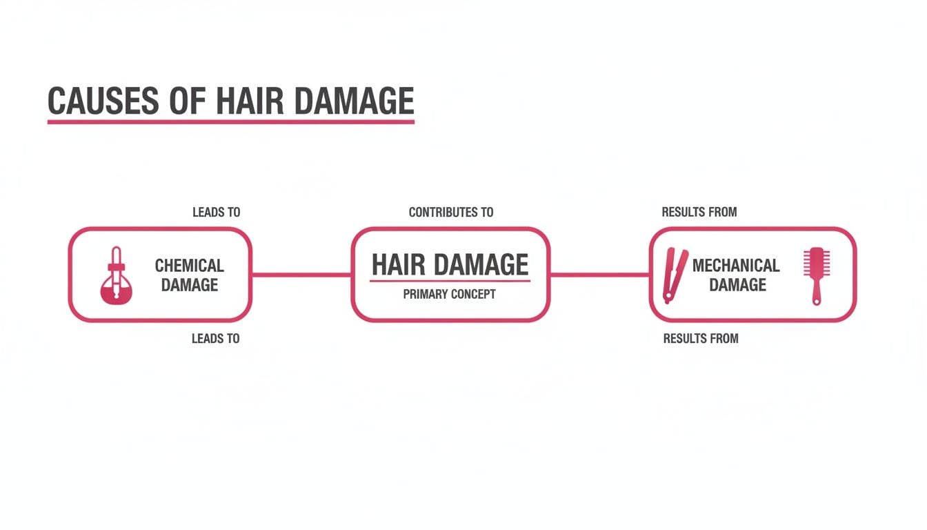 Flowchart illustrating the causes of hair damage, identifying chemical and mechanical factors.
