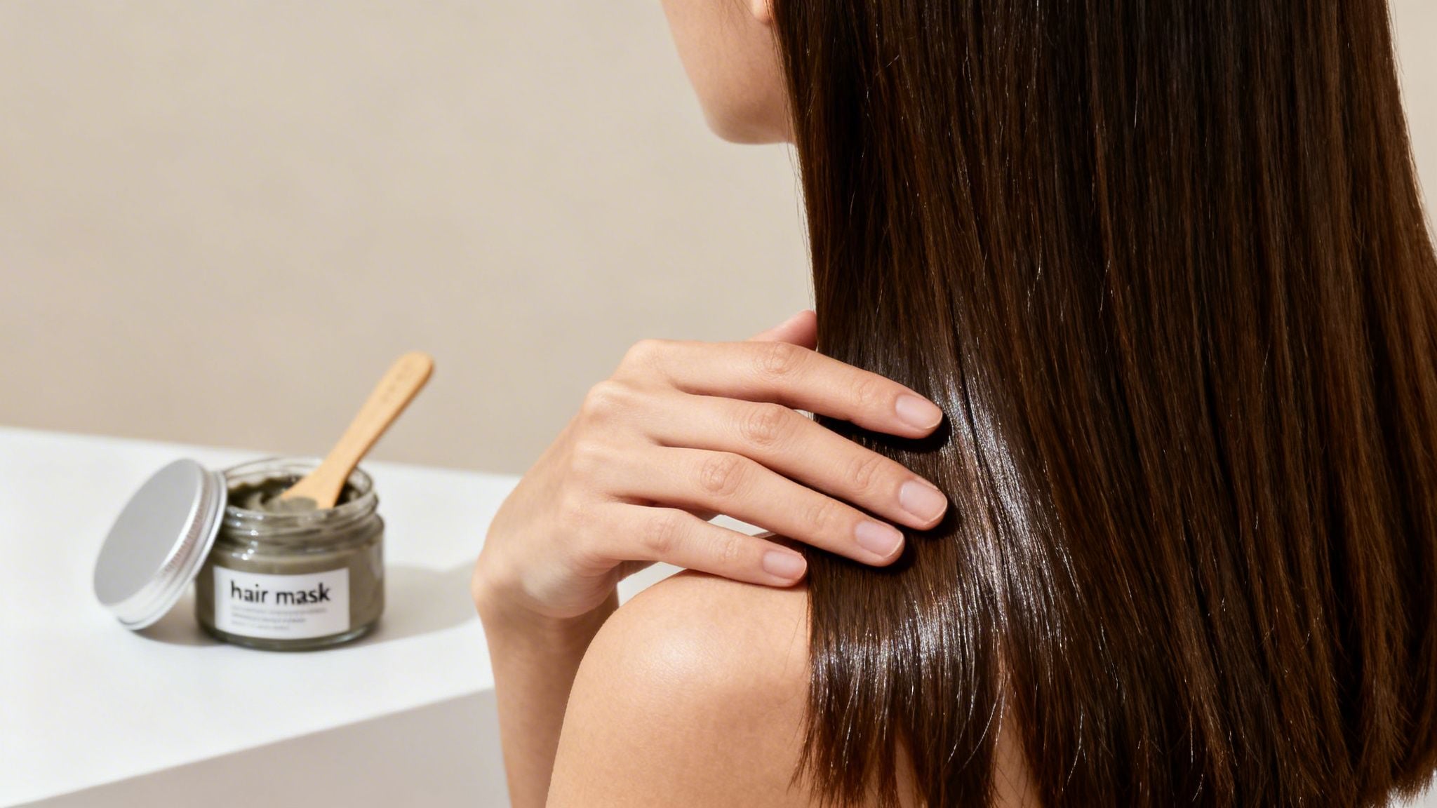 A woman applying a nourishing hair mask to her long, dark, shiny hair, with a product jar nearby.