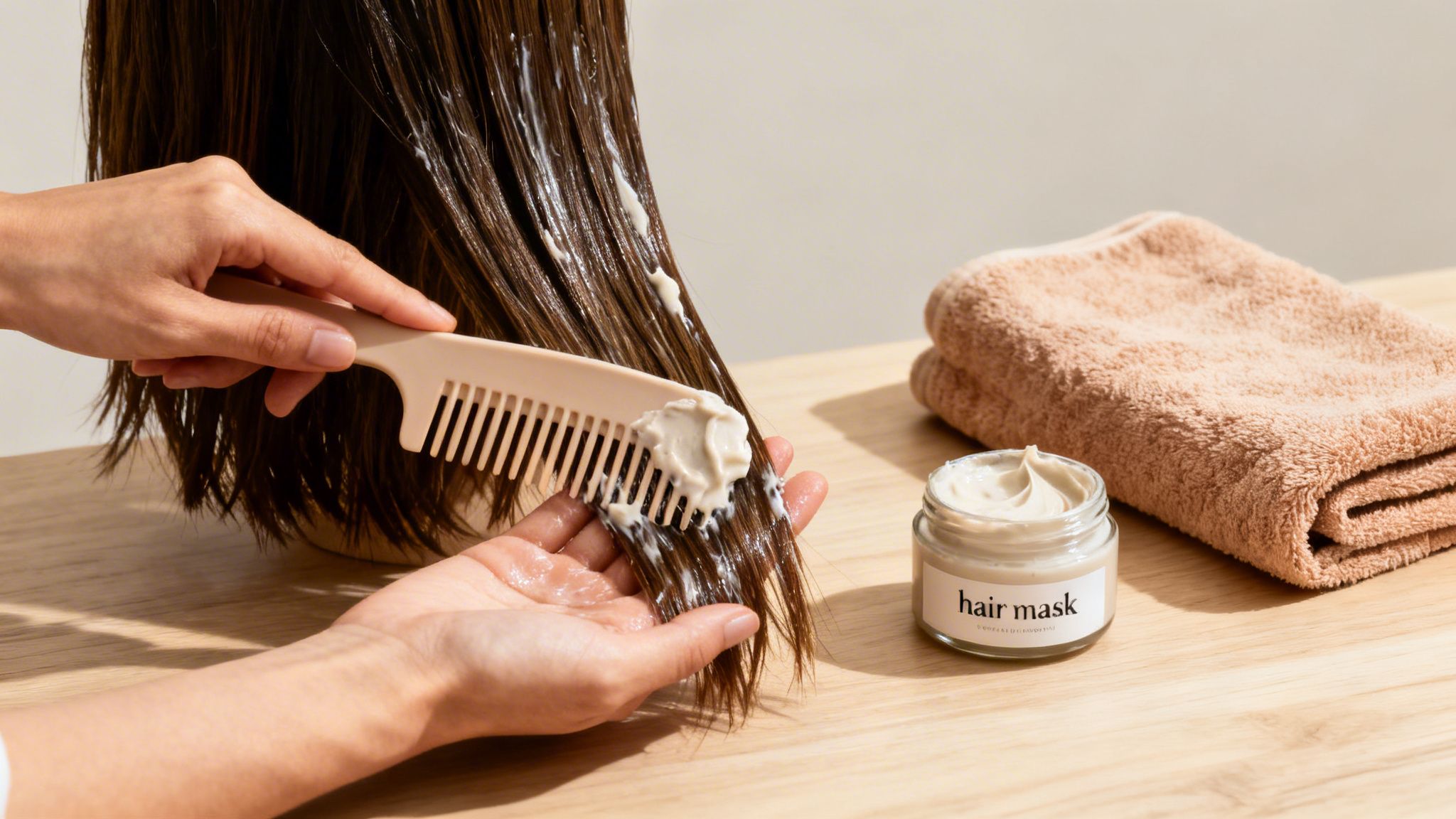 Person applying a creamy hair mask to wet brown hair with a comb, jar and towel.