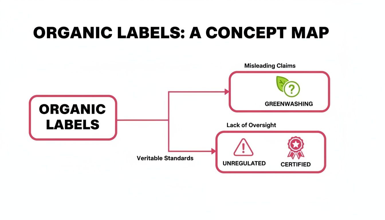 Concept map illustrating organic label challenges, including greenwashing and oversight issues.