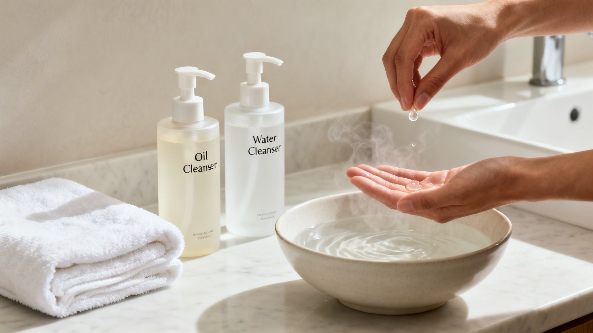 Hands applying a clear liquid over a bowl of steaming water, next to oil and water cleansers.