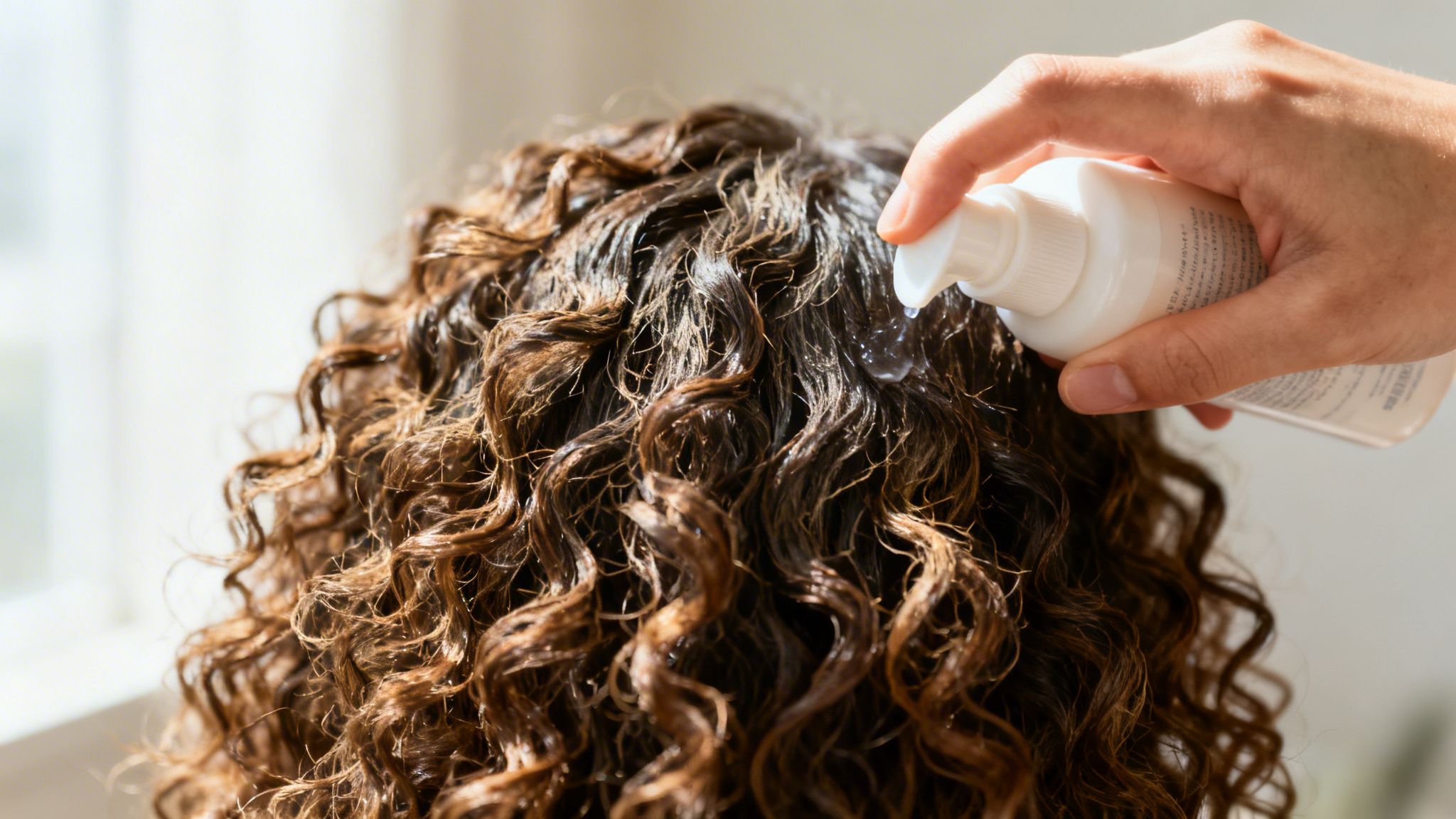 A person applying a hair care product from a white spray bottle onto wavy, curly hair.