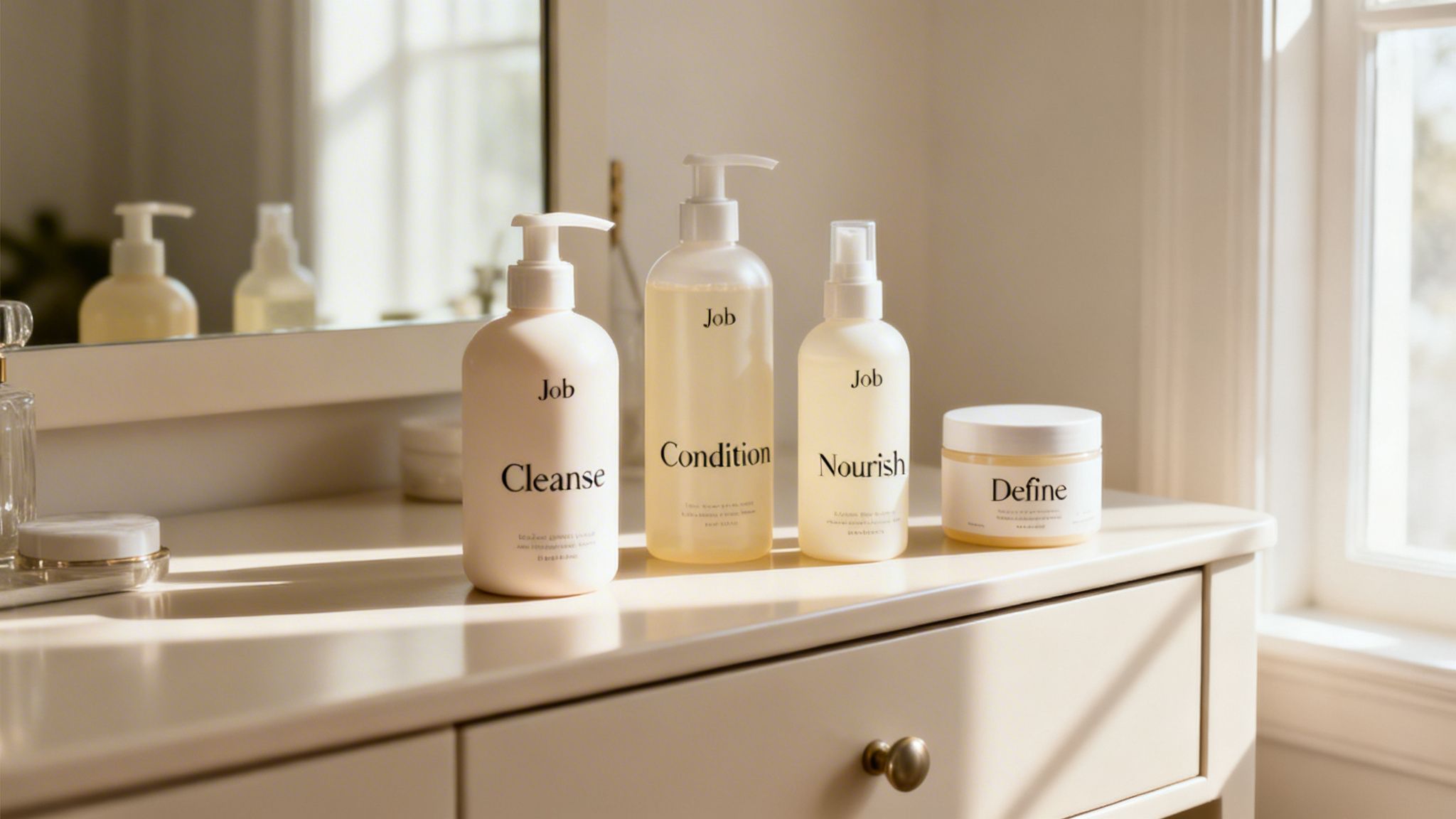 A collection of hair care products labeled Cleanse, Condition, Nourish, and Define arranged on a white vanity