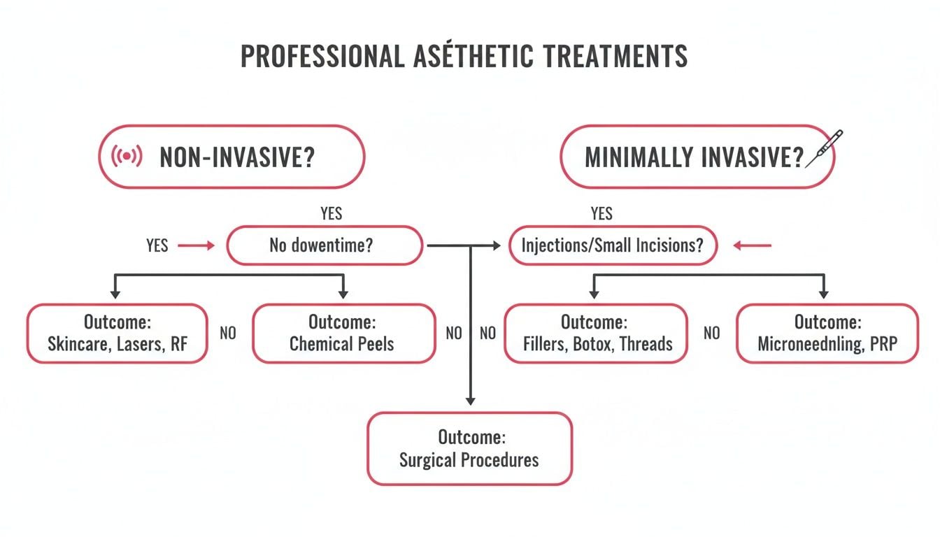 A flowchart detailing professional aesthetic treatments, categorized by invasiveness and downtime for various outcomes.