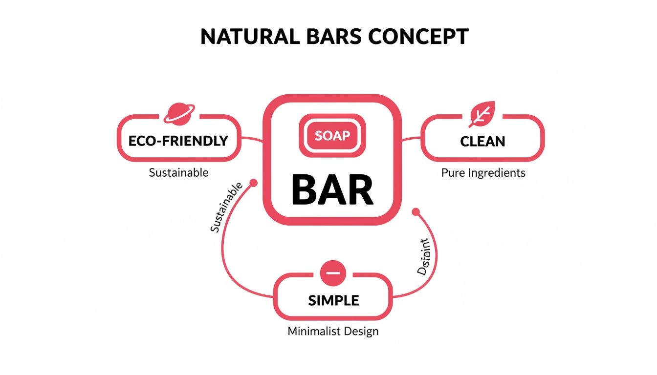 Concept map illustrating eco-friendly, clean, and simple attributes of natural soap bars.