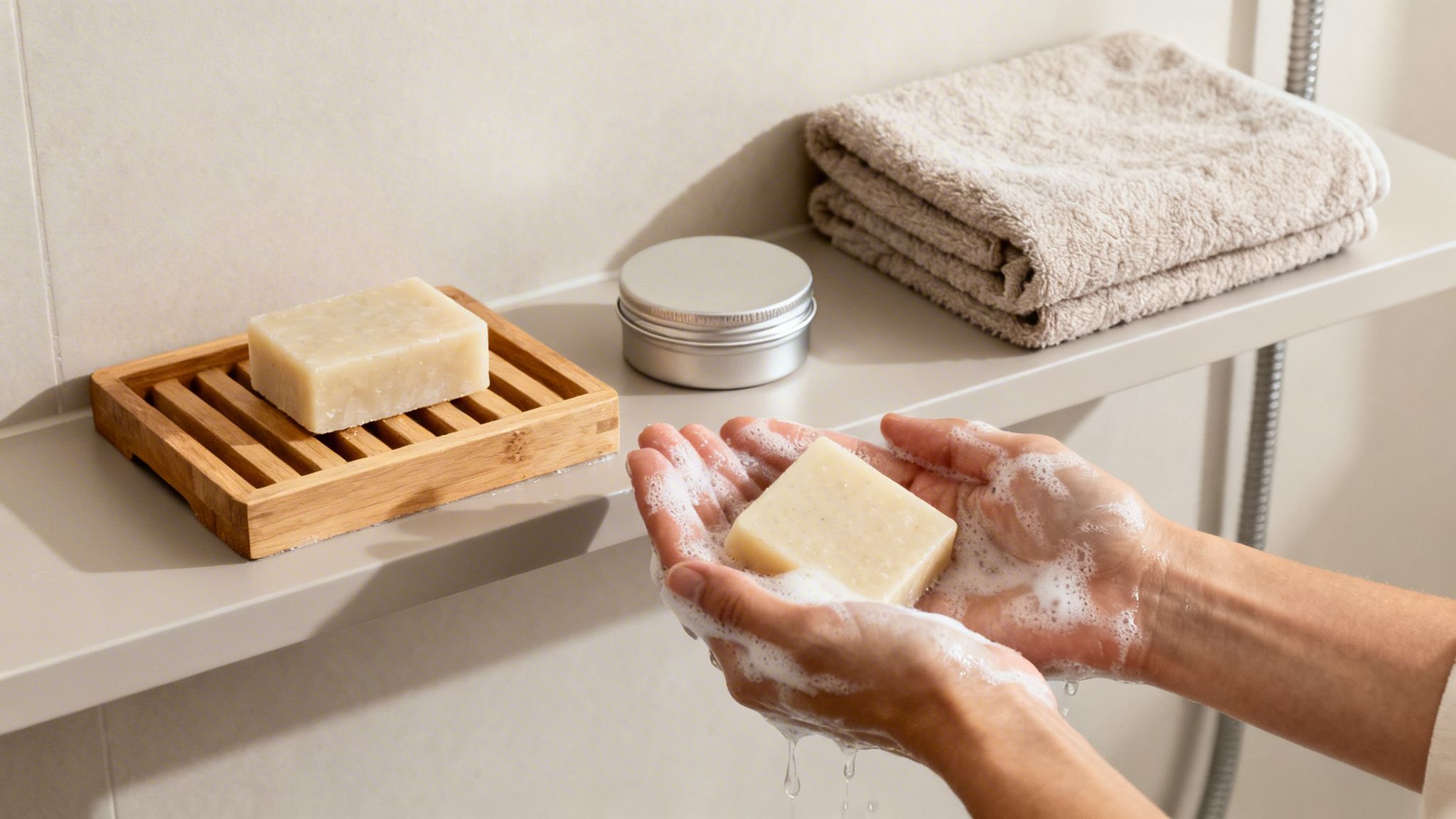 Natural soap bar being lathered in hands, with sustainable products on a bathroom shelf.