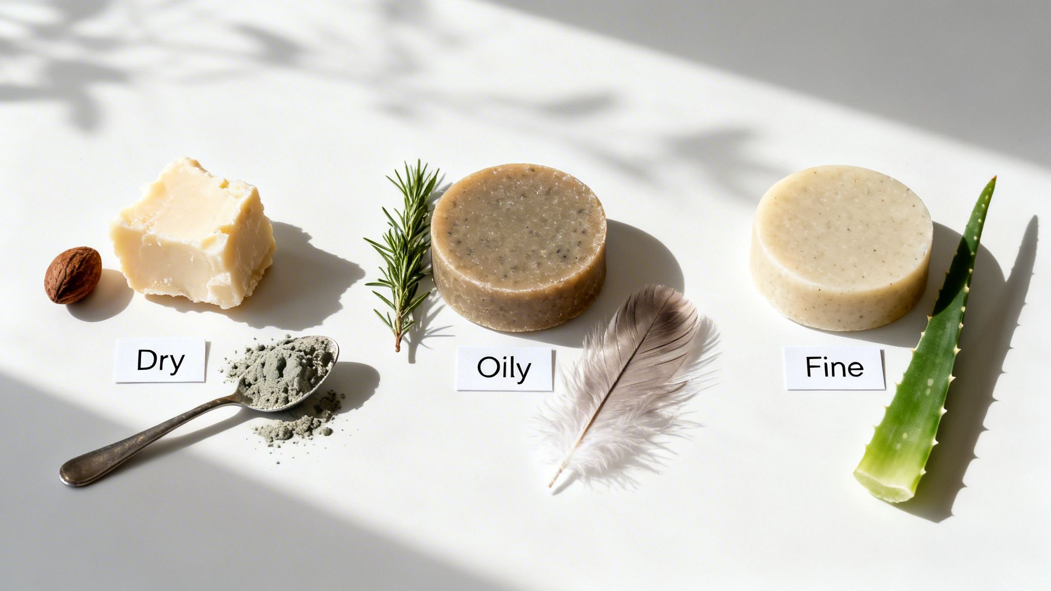 Natural shampoo and conditioner bars with ingredients for dry, oily, and fine hair types.
