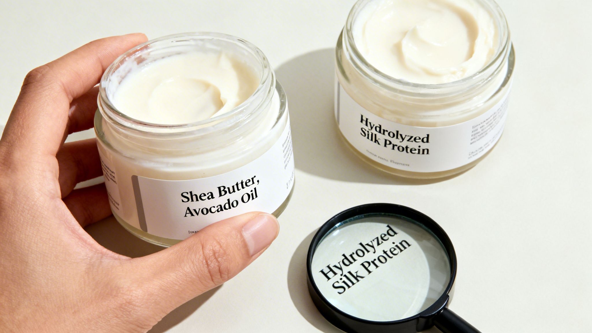 A hand holds a deep conditioner with shea butter and avocado oil, next to hydrolyzed silk protein products.