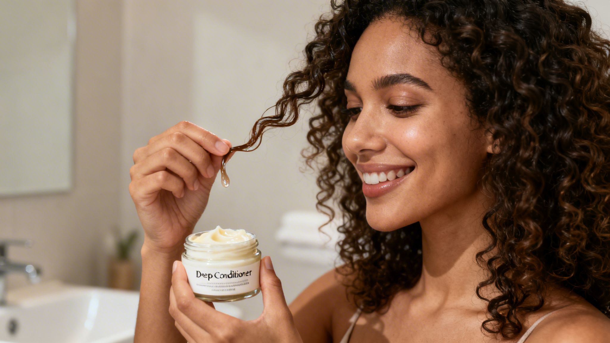 A smiling woman with curly hair applies deep conditioner, holding a product jar and a hair strand.