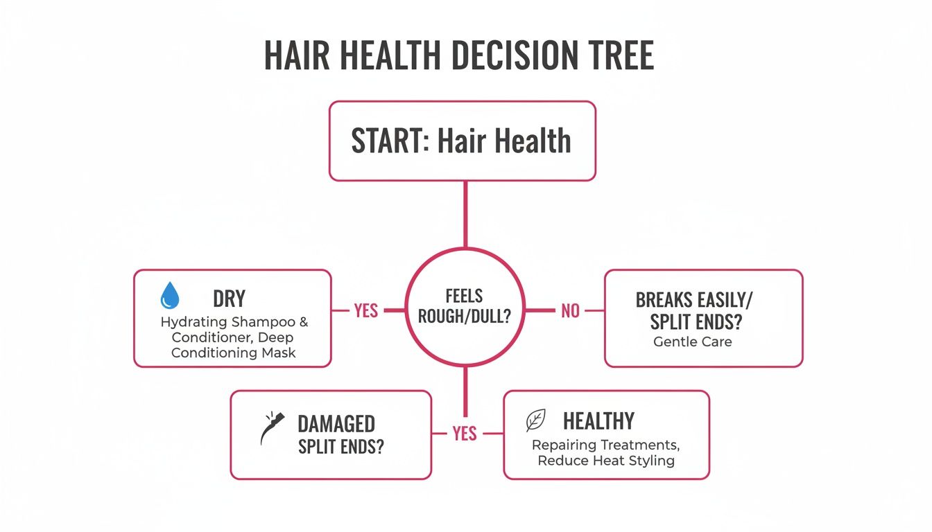 A hair health decision tree flowchart displaying conditions like dry or damaged hair and recommended care.